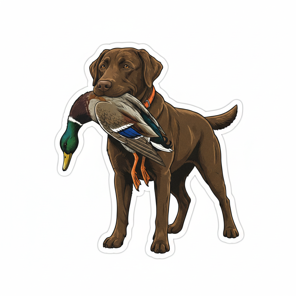Chocolate Lab holding duck by body